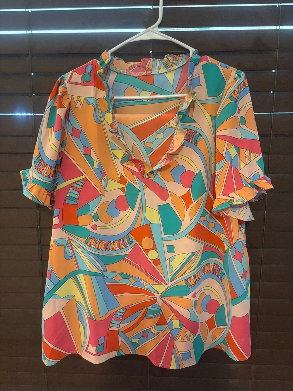 SHEIN Multicolor Abstract Ruffle V-Neck Blouse - Picture 1 of 1
